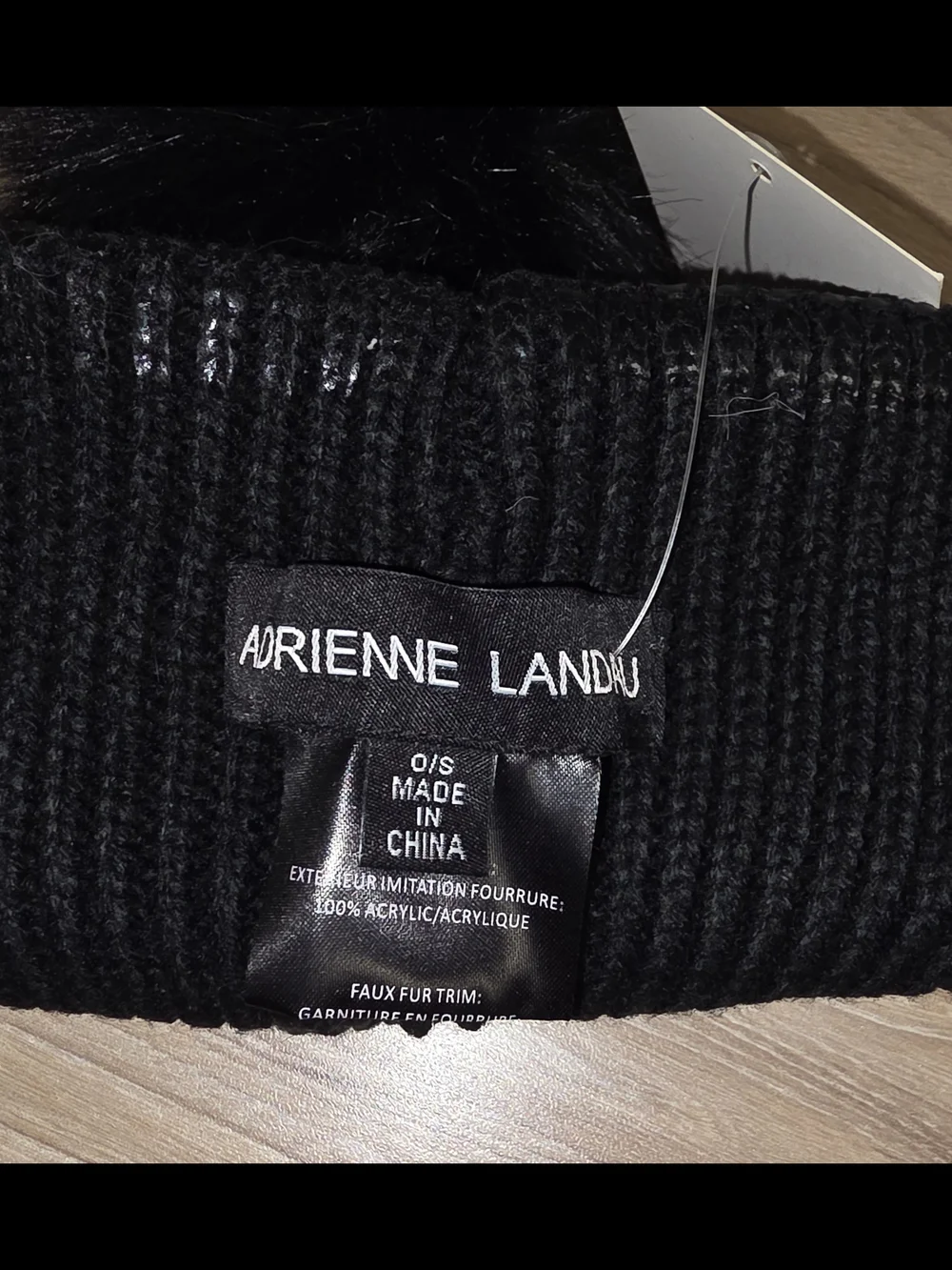 Adrienne Landau Metalic Black Ribbed Knit Beanie with Faux Fur Pom